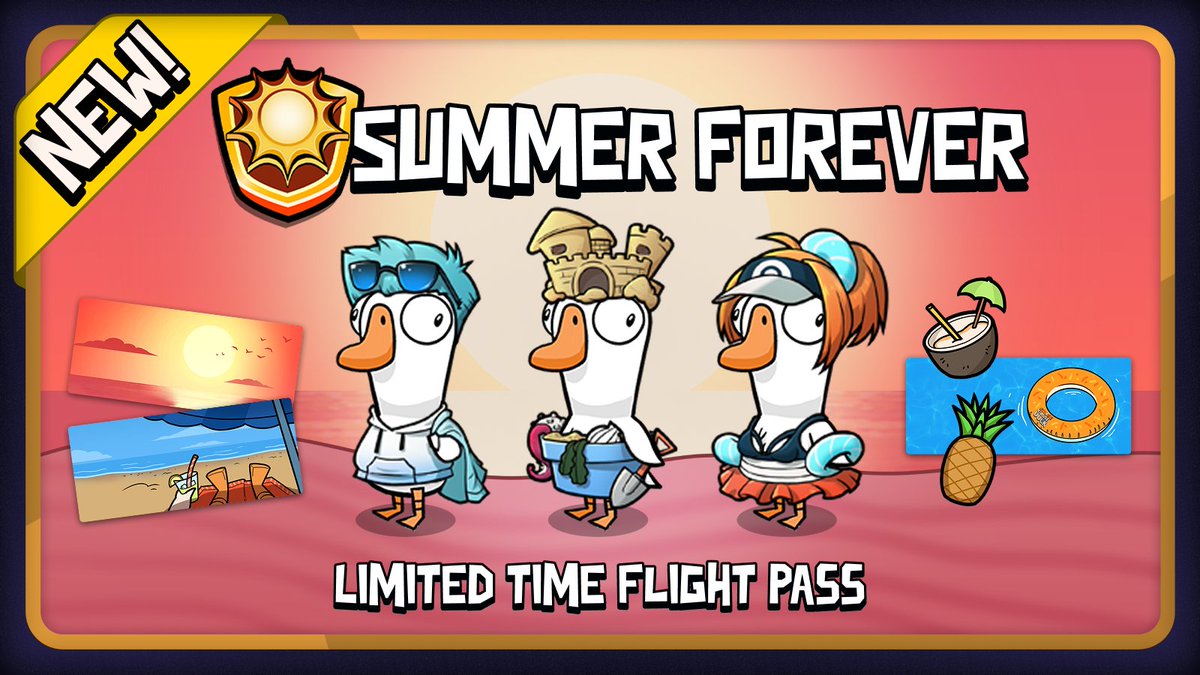 🌞 SUMMER FOREVER FLIGHT PASS IS HERE! 🌞
Beat the heat with the latest Flight Pass! 
Soak up the sun with our beach-ready cosmetics, tropical accessories, and vacation-themed goodies that'll have you looking fly all summer long.
#GooseGooseDuck #GGD #gagglestudios #ggdgame