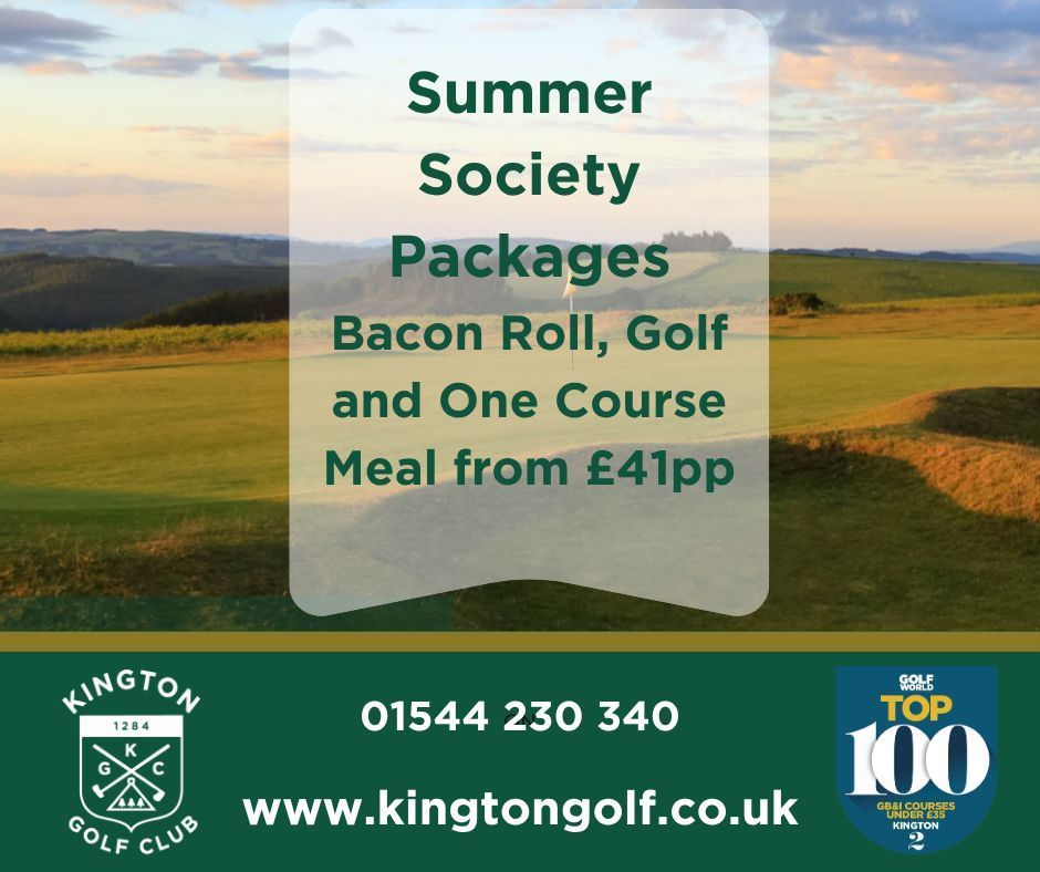Summer Societies 

Why not bring your party to our Top100 golf course. With a great value package for group bookings and a wide selection of food and drink, there's plenty of reasons to come to Kington.

Organise a booking with us now.

#kingtongolf #golfgroup #golf