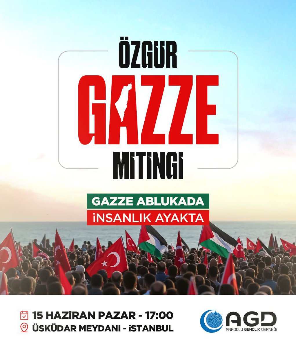 Özgür Gazze Mitingi 🇵🇸🇹🇷

#GazzeAblukada
#İnsanlıkAyakta

🕰️ 15 Haziran 2025 • Pazar • 17.00
📍 Üsküdar Meydanı
📢  Tüm Halkımız Davetlidir.