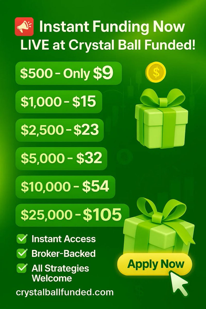 Crystal Ball Markets – Instant Funding is LIVE! 🚨
Get real capital instantly – No eval, no delays!

💸 $500 for just $9
💸 $1K – $15 | $2.5K – $23 | $5K – $32
💸 $10K – $54 | $25K – $105

✅ Instant Access
✅ Broker-Backed
✅ All Strategies Allowed

👉 crystalballfunded.com