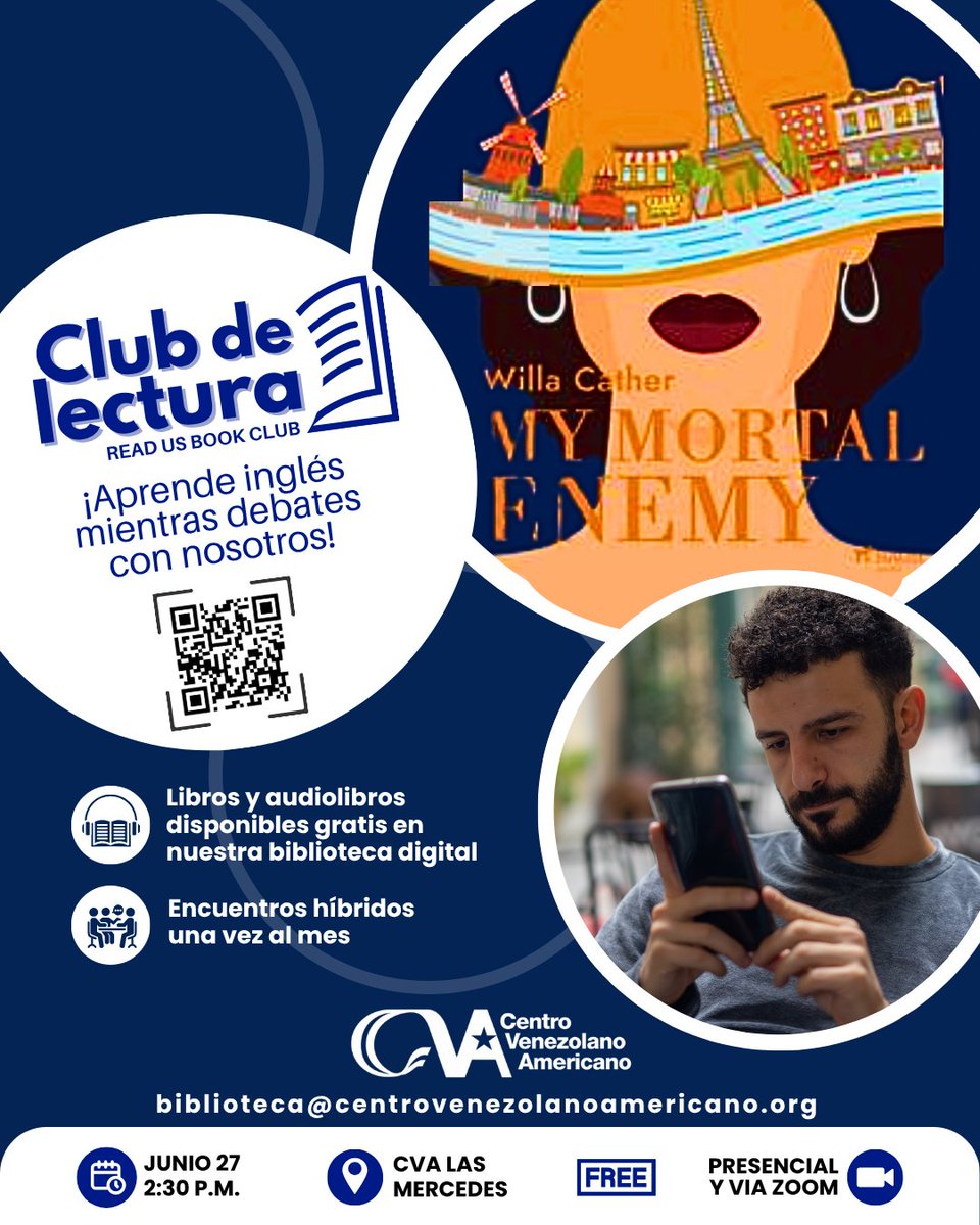 El 27 de junio se reúne nuestro Club de Lectura en inglés, un espacio excelente para practicar la conversación, mejorar el vocabulario e intercambiar opiniones compartiendo con gente como tú. Escanea el QR o escribe al correo del aviso para más información. #WillaCather #Gratis
