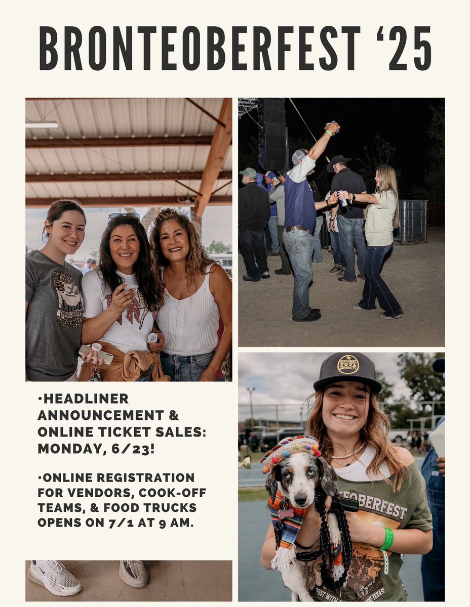 Bronteoberfest's tweet photo. Here we go…. 🙌 Set those ⏰! Planning for another awesome year of Bronteoberfest starts now! 
Headliner announcement and online ticket sales will begin on 6/23. Look for wristband giveaways! 
Online registration for vendors, cook-off teams, and food trucks will open on 7/1 at 9 https://t.co/24XIIgHr3l
