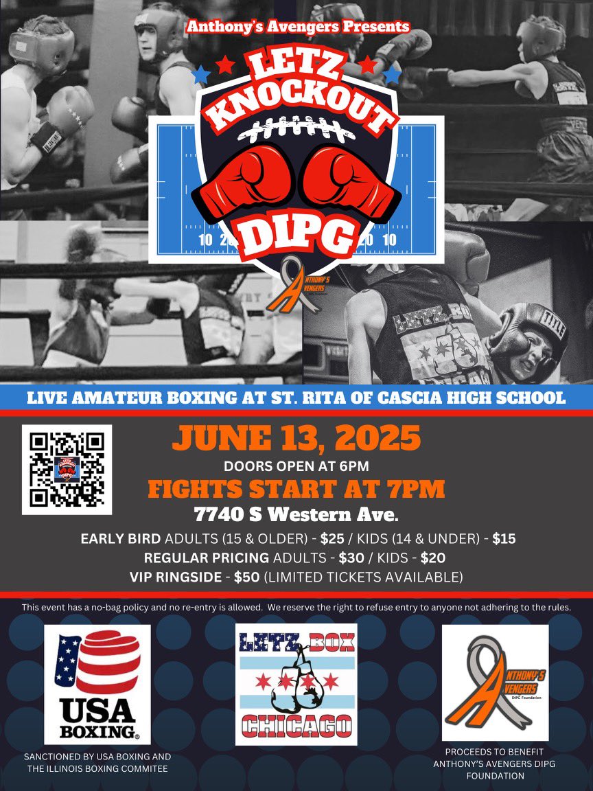 SRWrestling fans Letz KO DIPG, come help us fight for the cause! This Friday Anthony Avengers &amp; Letz Box Chicago we’ll host a card with 12-15 matches to help raise funds for a cure. Weather Permitting, fights will take place in Doyle Stadium on the 50 yard line at St. Rita H.S.