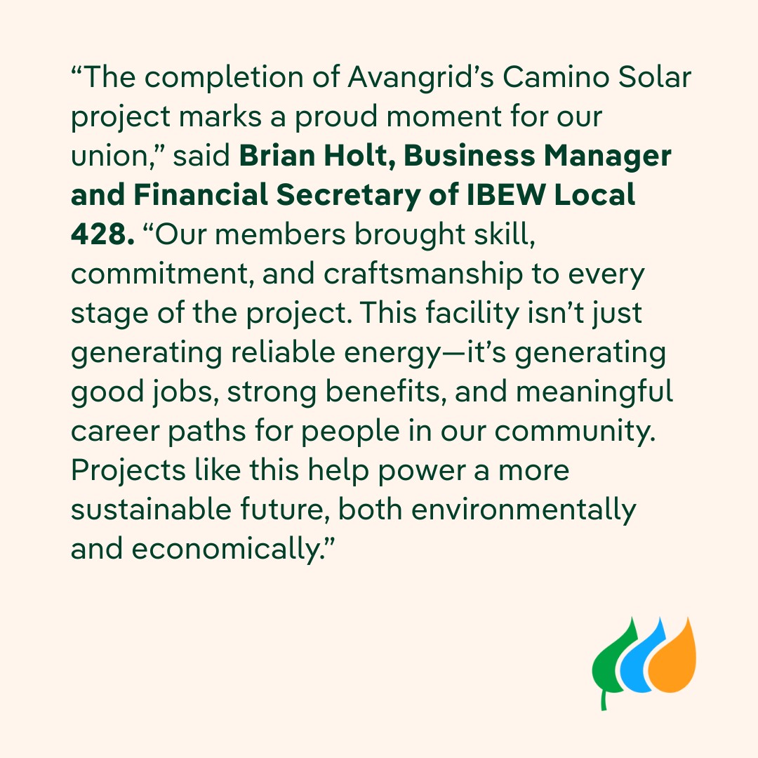 Avangrid's tweet image. Avangrid’s Camino #Solar Project Achieves Commercial Operation in California
The 57 MWdc (44 MWac) project in California created approximately 100 construction #jobs and will contribute about $15 million in taxes
Read more: ow.ly/1LYq50W7WbX
@Liuna