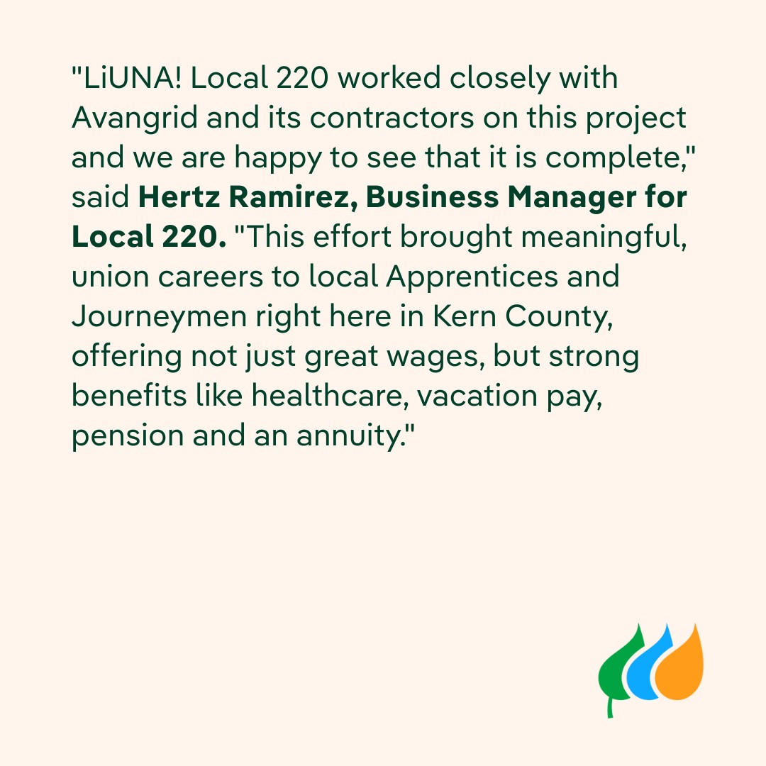 Avangrid's tweet image. Avangrid’s Camino #Solar Project Achieves Commercial Operation in California
The 57 MWdc (44 MWac) project in California created approximately 100 construction #jobs and will contribute about $15 million in taxes
Read more: ow.ly/1LYq50W7WbX
@Liuna