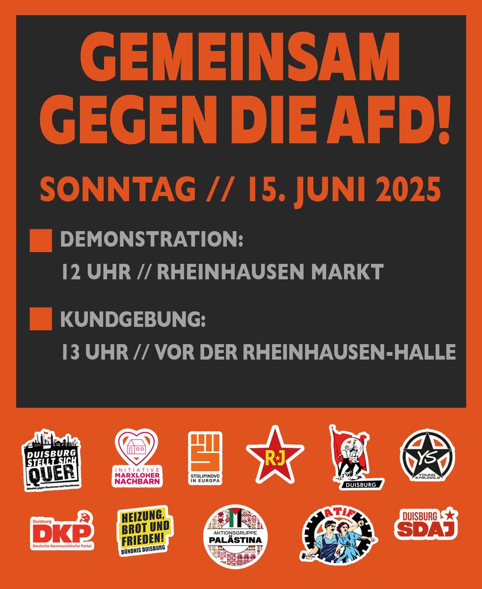 GEMEINSAM GEGEN DIE AFD!

Lasst uns zahlreich und gemeinsam den Hass und die Hetze lautstark übertönen! Kommt am 15. Juni um 12 Uhr zur Demonstration am Rheinhausen Markt und um 13 Uhr zur Kundgebung vor der Rheinhausen-Halle!

#duisburg #rheinhausen #noafd #nonazis