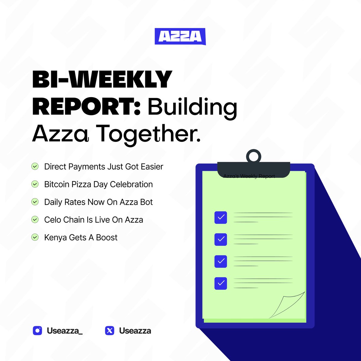 Azza Bi-Weekly Report: Celo, Daily Rates &amp; Direct Payments!

Over the past few weeks, we’ve rolled out some meaningful updates, from smoother payments to new blockchain integrations and community milestones.

Here’s what’s new at Azza 🧵⬇️