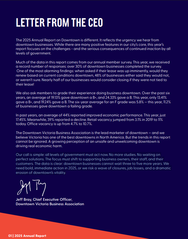 Adam_Stirling's tweet photo. Wow.

"Our call is simple: all levels of government must act now. No more studies. No waiting on perfect solutions. The focus must shift to supporting business owners, their staff, and their customers. The data is clear: downtown businesses cannot wait three to five more years. We need bold, immediate action in 2025, or we risk a wave of closures, job losses, and a dramatic erosion of downtown’s vitality."

This year's Downtown Victoria Business Association annual report is worth reading... 

https://t.co/1oKxs2Lojk

#yyj