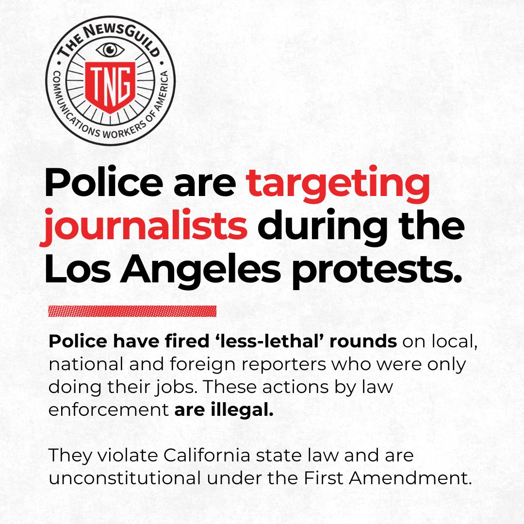 newsguild's tweet image. RELEASE: President of The NewsGuild-CWA, sounds alarm on police violence against reporters during the LA protests.
“We demand that every law enforcement agency open investigations into any officer violating the rights of journalists doing their jobs.”
Journalism is NOT a crime.