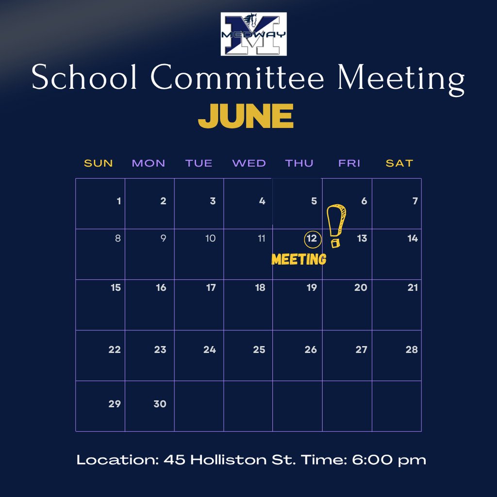 The next Medway School Committee meeting is Thursday, June 12, at 6:00 pm at the Medway Middle School, 45 Holliston St. Topics include the FY25 budget, student activity balances, and approval of school improvement plans. View the full agenda: bit.ly/43VcajP