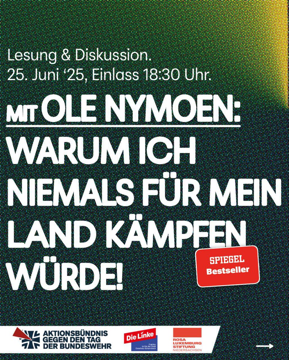 Kollektiv Morgenrot (@morgenrot271) on Twitter photo „Warum ich niemals für mein Land kämpfen würde!“
Buchvorstellung
Seit der Veröffentlichung seines Buches gehört <a href="/nymoen_ole/">Ole Nymoen</a> zu den meistdiskutierten linken Stimmen gegen die Militarisierung Deutschlands. (1/2) „Warum ich niemals für mein Land kämpfen würde!“
Buchvorstellung
Seit der Veröffentlichung seines Buches gehört <a href="/nymoen_ole/">Ole Nymoen</a> zu den meistdiskutierten linken Stimmen gegen die Militarisierung Deutschlands. (1/2)