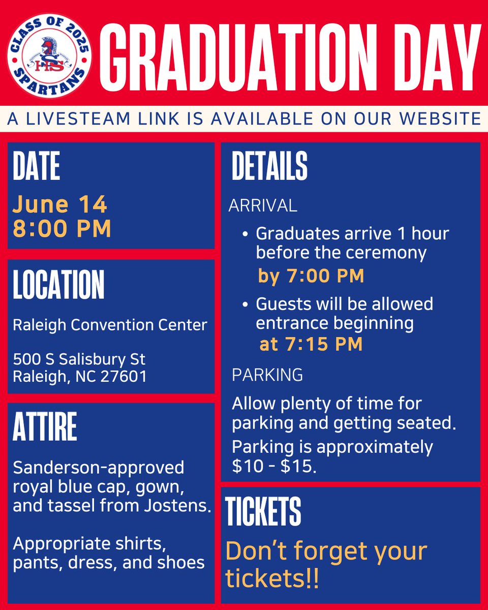 IT'S ALMOST TIME!!!
Sat., June 14 at 8:00 p.m.
Raleigh Convention Center

GRADS: You are expected to be in the auditorium 1 hour prior to the start of the ceremony. 7:00PM
GUESTS:  Doors open 45 minutes prior to the start of the ceremony. 7:15 PM
Handbook:
bit.ly/SHS_CLASSOF2025