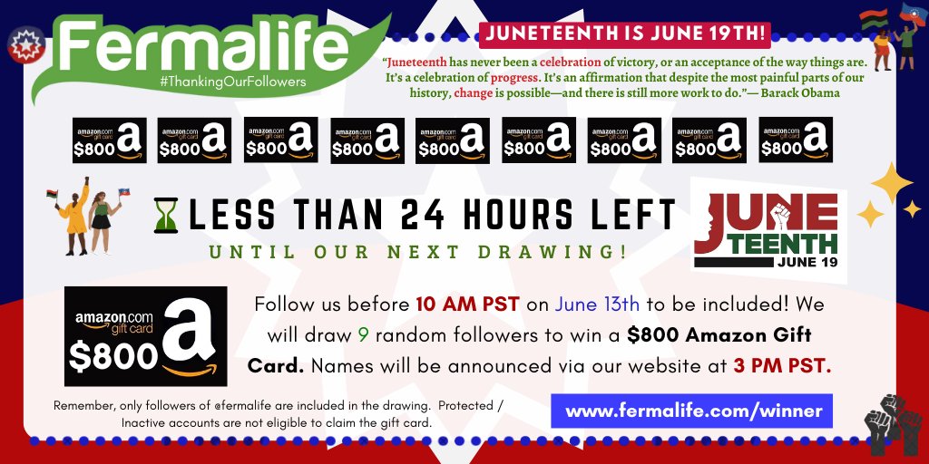 ⌛️24 HOURS LEFT until our next #ThankingOurFollowers drawing! 9 random followers will win a $800 #AmazonGiftCard! ✨Follow us before June 13th, 10AM PST to be included in the drawing! LEARN MORE: fermalife.com/winner ✊