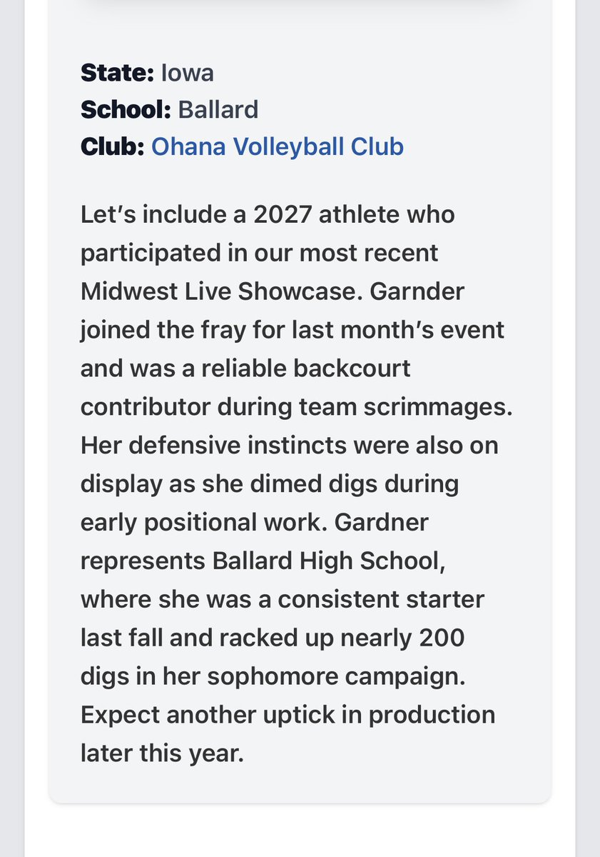 Halle Gardner (@halle_gardner4) on Twitter photo Thank you <a href="/KingsleyATK/">Austin Kingsley</a> for the mention in the โRoad to June 15th: Iowaโs memorable 2027 showcase alumsโ article! <a href="/PrepDigIA/">Prep Dig Iowa</a> <a href="/PrepDig/">Prep Dig ๐</a>
<a href="/DanDaCoach/">Dan Georgalas</a> <a href="/CoachKBooth/">Coach Booth</a> <a href="/coachbrianvb/">Brian Rosen</a> <a href="/CJohnsonLynch/">Christy Johnson</a> <a href="/CoachButtermore/">Matt Buttermore</a> <a href="/CBraegelmann/">Chad J. Braegelmann</a> <a href="/coachkneifl/">Scott Kneifl</a> <a href="/DrakeVBCoach/">Darrin McBroom</a> <a href="/KevinInlow/">Kevin Inlow</a> Thank you <a href="/KingsleyATK/">Austin Kingsley</a> for the mention in the โRoad to June 15th: Iowaโs memorable 2027 showcase alumsโ article! <a href="/PrepDigIA/">Prep Dig Iowa</a> <a href="/PrepDig/">Prep Dig ๐</a>
<a href="/DanDaCoach/">Dan Georgalas</a> <a href="/CoachKBooth/">Coach Booth</a> <a href="/coachbrianvb/">Brian Rosen</a> <a href="/CJohnsonLynch/">Christy Johnson</a> <a href="/CoachButtermore/">Matt Buttermore</a> <a href="/CBraegelmann/">Chad J. Braegelmann</a> <a href="/coachkneifl/">Scott Kneifl</a> <a href="/DrakeVBCoach/">Darrin McBroom</a> <a href="/KevinInlow/">Kevin Inlow</a>