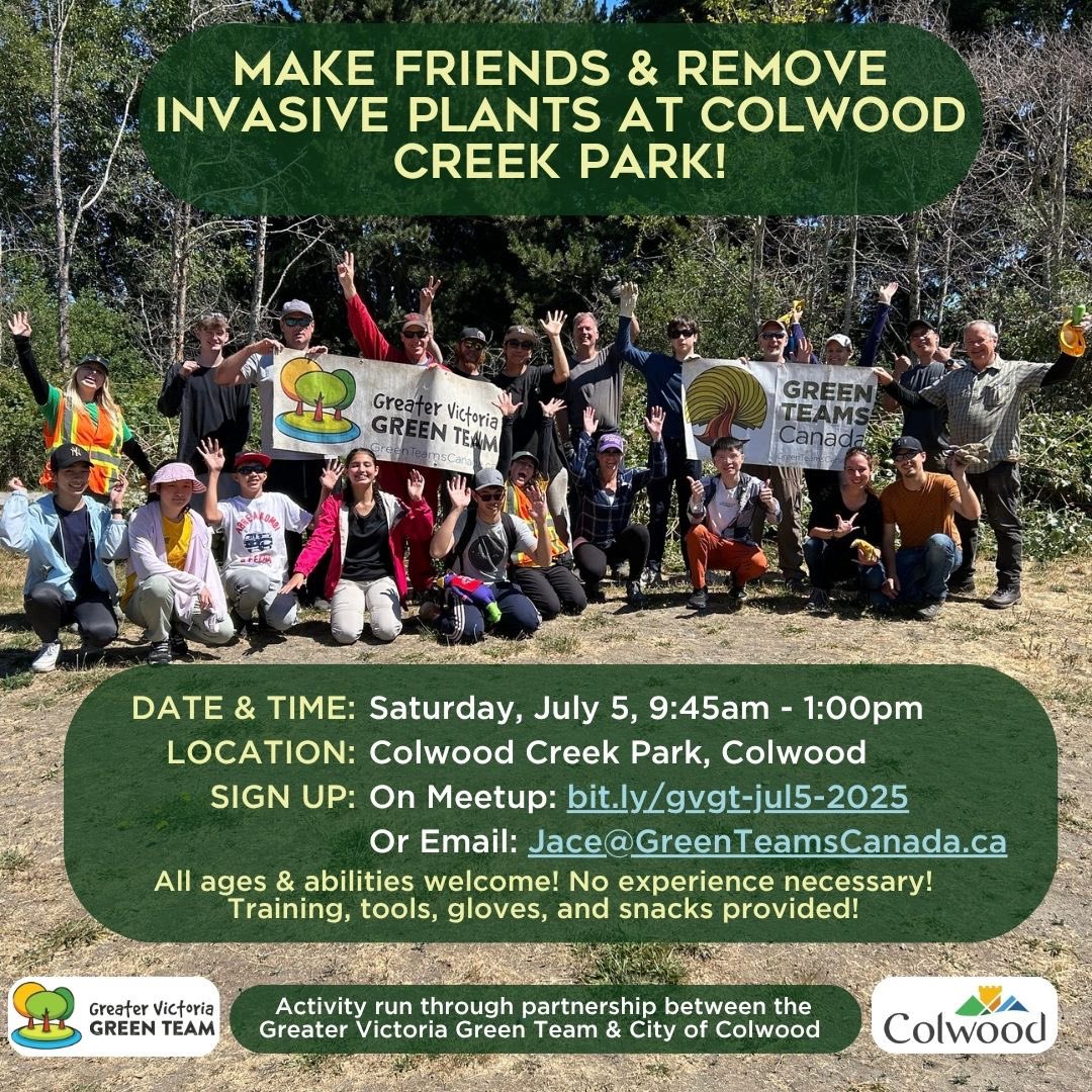 Make friends reconnect with nature at Colwood Creek Park on Sat, July 5 from 9:45 AM–1:00 PM (or drop in anytime)! 

All are welcome—no experience needed. We provide tools, instructions, and snacks!

Sign up: bit.ly/gvgt-jul5-2025 or email jace@greenteamscanada.ca

#colwood