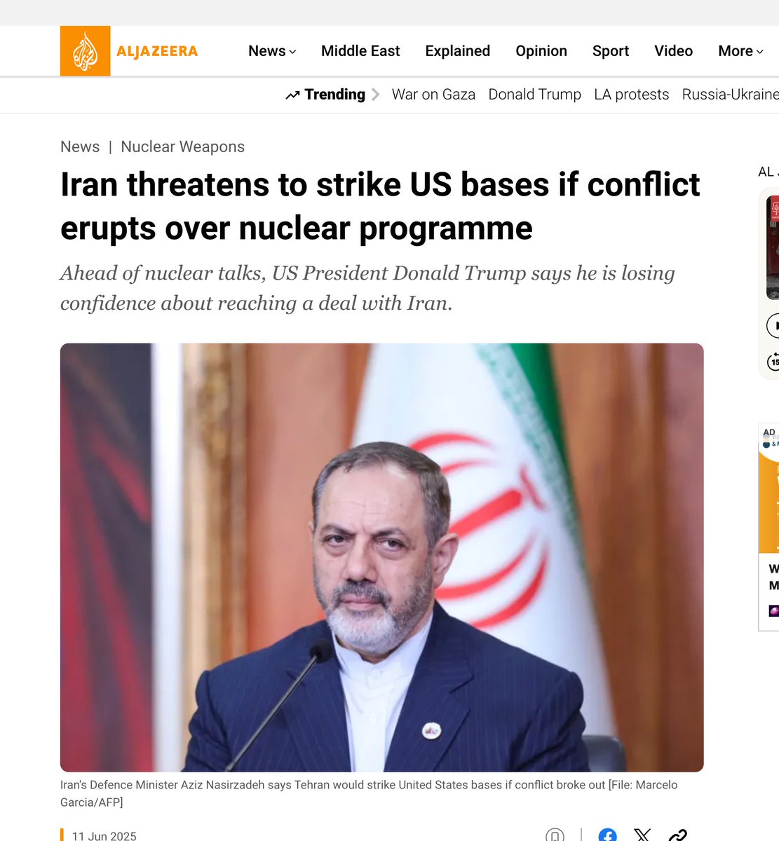 Aljazeera reporting #Iran threatens to strike US bases if conflict erupts over nuclear programme

aljazeera.com/news/2025/6/11…