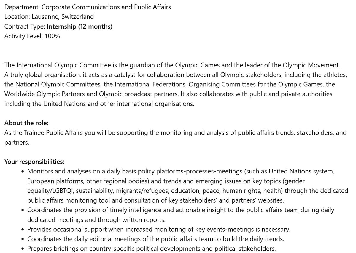 Come join us in the Public Affairs Team of the IOC and become a Trainee for 12 months. You will be supporting the monitoring and analysis of public affairs trends, stakeholders, and partners.

Find out more and apply here: linkedin.com/jobs/view/4248…