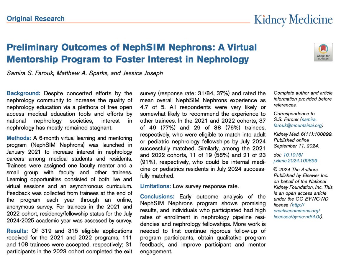 Neph_SIM's tweet image. Celebrating 7⃣ years of #NephSIM!
nephsim.com
📈1.35 million views
🫘@nkf #NephSIM Nephrons Y5 +Prelim Outcomes @KidneyMed
kidneymedicinejournal.org/article/S2590-…
⚡️ 55 cases, 27 infographics
🎨Comics @Momen_Abbasi
@ssfarouk @RachelHilburg @Nephro_Sparks #Nephrology