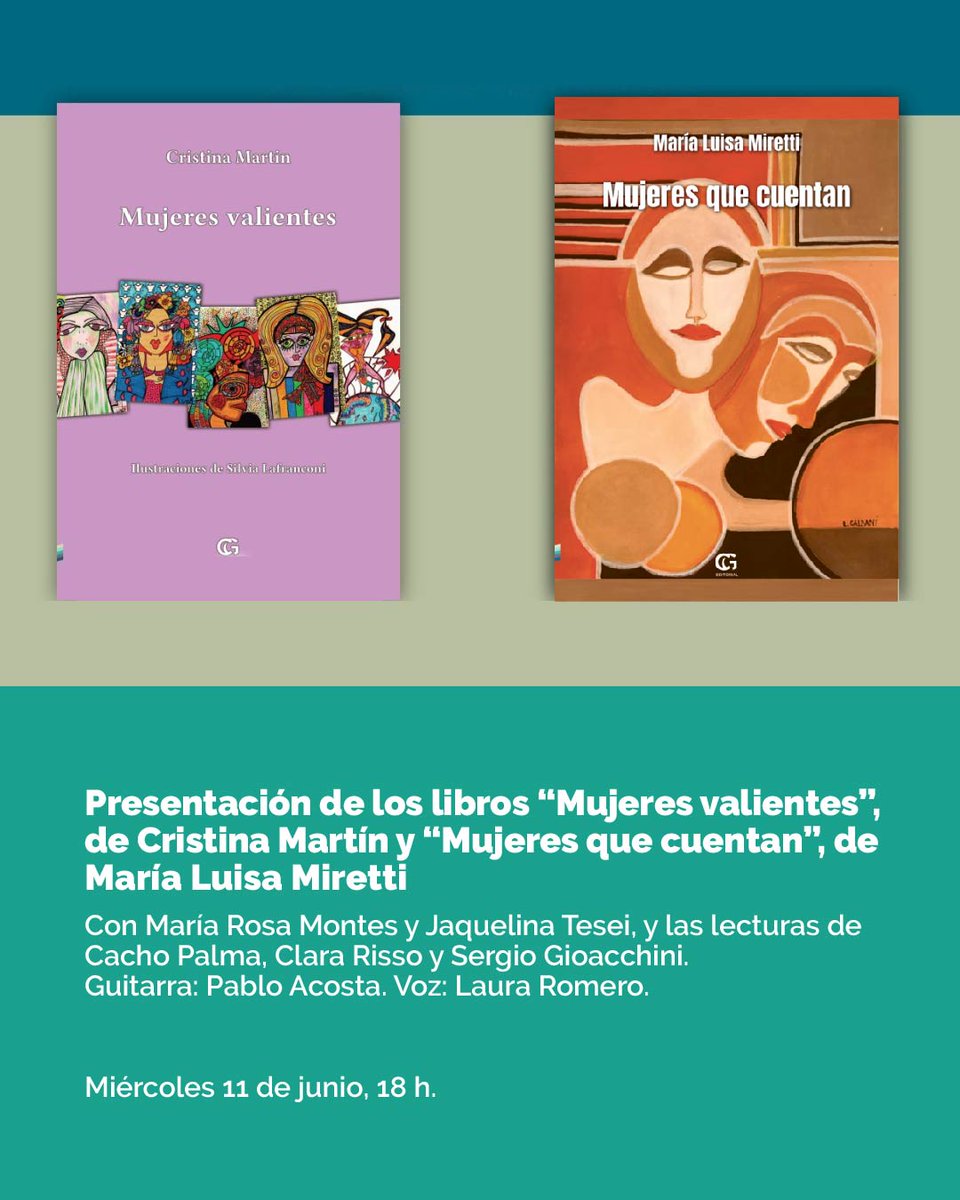 📖 Presentación de los libros de relatos: "Mujeres valientes", de Cristina Martín y "Mujeres que cuentan", de María Luisa Miretti

🗓️ Hoy
🕛 18 h
📍Sala "Angélica Gorodischer" (4° piso) de la biblio

🎫 Entrada libre y gratuita.

+ Info biblioargentina.gob.ar/web/presentaci…