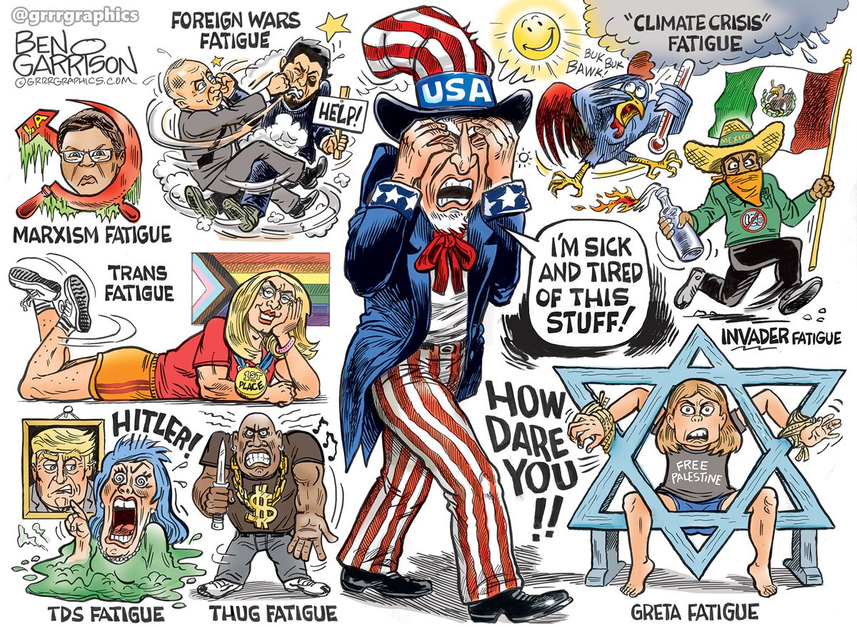 Are you tired of being sick and tired of the left's BS?
We are!
New Ben Garrison Cartoon  America is Tired

It's time to tell the left and their causes to shut up or leave America- because we are done with all their 💩

Like this cartoon? Please share with your frens and bookmark