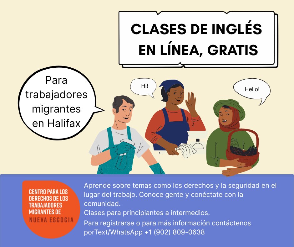Applications are open for our English for Migrant Workers (EMW) program! The English for Migrant Workers Program is a free, online, course designed for migrant workers in Halifax Regional Municipality with a beginner/intermediate level of English. See comments for contact info.