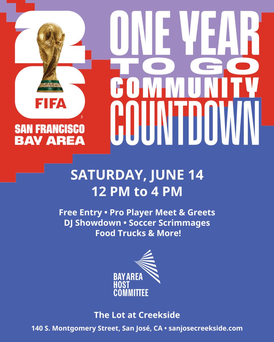 Santa Clara Women's Soccer (@scuwomenssoccer) on Twitter photo ⚽️🎉Join us at the free <a href="/FIFAWorldCup/">FIFA World Cup</a> 2026™ SF Bay Area Community Countdown at the debut of San Jose’s brand-new venue The Lot at Creekside (140 S. Montgomery Street, San José) on Saturday, June 14, 2025!
Register➡️ eventbrite.com/e/fifa-world-c…
#StampedeTogether ⚽️🎉Join us at the free <a href="/FIFAWorldCup/">FIFA World Cup</a> 2026™ SF Bay Area Community Countdown at the debut of San Jose’s brand-new venue The Lot at Creekside (140 S. Montgomery Street, San José) on Saturday, June 14, 2025!
Register➡️ eventbrite.com/e/fifa-world-c…
#StampedeTogether