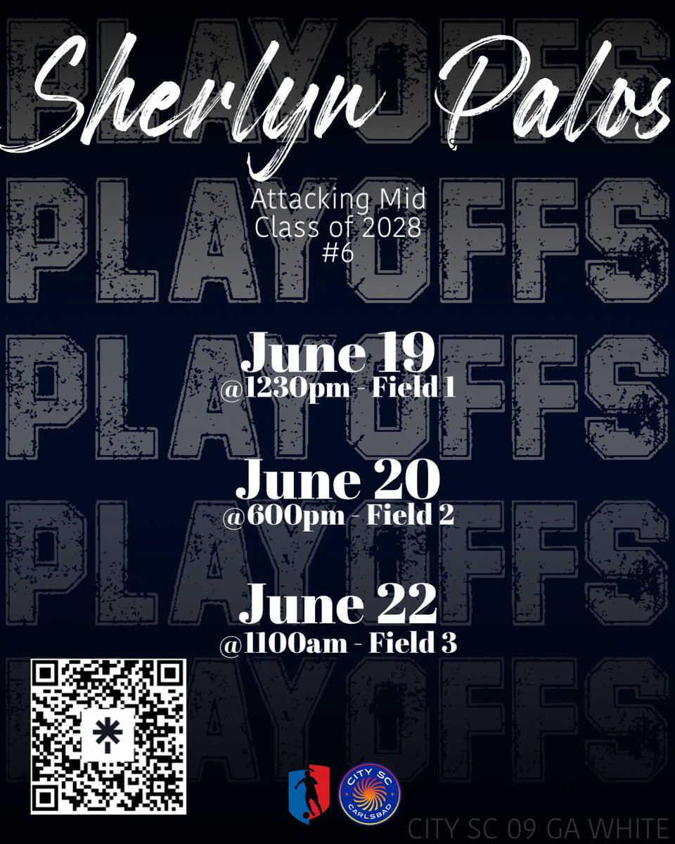Chepy (@sherlynpalos) on Twitter photo We’ve worked so hard to qualify another year for playoffs - I’m ready and excited to compete! Let’s go! <a href="/ourcitysc/">City SC</a>
<a href="/YoJaffe/">Aaron Jaffe</a> <a href="/GAcademyLeague/">Girls Academy</a>
<a href="/PrepSoccerCA/">Prep Soccer California</a> <a href="/TheSoccerWire/">SoccerWire</a> <a href="/TopDrawerSoccer/">TopDrawerSoccer</a>
🚨Game on JUNE 22 is at 12pm🚨 We’ve worked so hard to qualify another year for playoffs - I’m ready and excited to compete! Let’s go! <a href="/ourcitysc/">City SC</a>
<a href="/YoJaffe/">Aaron Jaffe</a> <a href="/GAcademyLeague/">Girls Academy</a>
<a href="/PrepSoccerCA/">Prep Soccer California</a> <a href="/TheSoccerWire/">SoccerWire</a> <a href="/TopDrawerSoccer/">TopDrawerSoccer</a>
🚨Game on JUNE 22 is at 12pm🚨