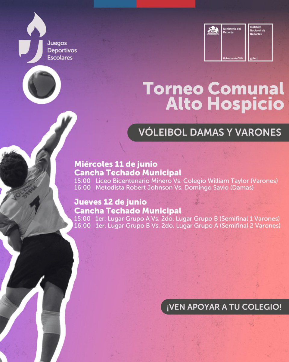 ¡Continúan los remaches!

El torneo comunal de vóleibol en #AltoHospicio de los Juegos Deportivos Escolares #JDE2025 Sub14 sigue con los partidos decisivos en su recta final.

Los equipos escolares luchan por clasificar al torneo regional.

<a href="/MindepChile/">Ministerio del Deporte</a> <a href="/INDChileOficial/">IND Chile 🇨🇱</a>