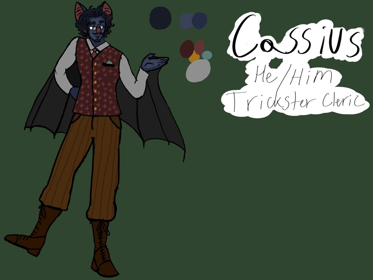 BlixTheManokit's tweet photo. Hello Twitter here is character art I made for a PBP I’m joining. This is Cassius a chiropteran Trickster Cleric! Enjoy :) https://t.co/DJQRKJWWGx