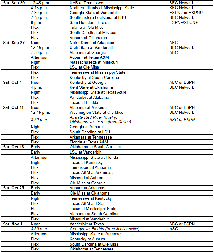 bmarcello's tweet photo. Get ready to FLEX, SEC fans.

The full SEC TV schedule for the 2025 #CFB season. https://t.co/Va5xNHKDCY