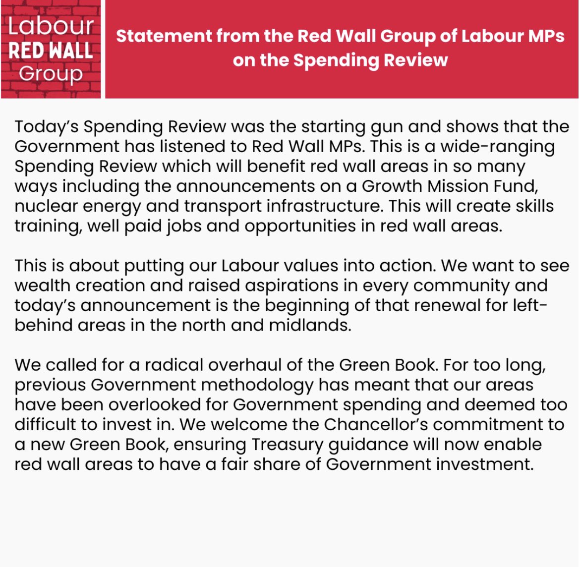 RedWallGroup's tweet photo. Statement from the Red Wall Group of Labour MPs on the Spending Review https://t.co/B6iKo3KH6t