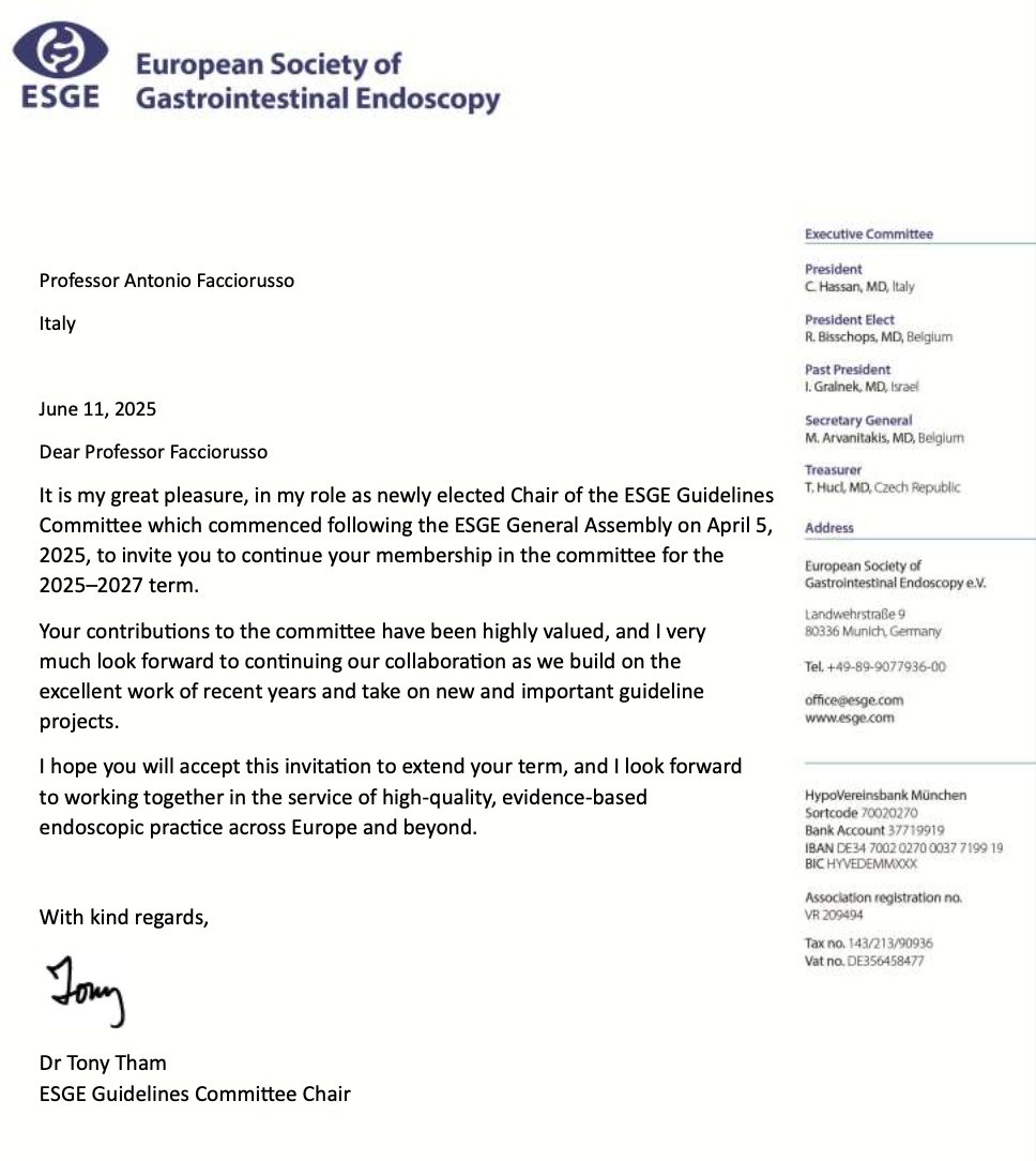 AntonioFaccior6's tweet image. Glad to serve again the @ESGE_news as a member of the guidelines committee!
Thanks to @ttham1 and Cesare Hassan for trusting me and for their continuous support!