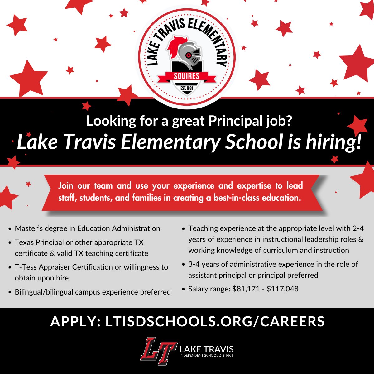 📣 We’re hiring! Lake Travis Elementary is looking for a passionate leader to serve as Principal. LTE serves 850+ PreK–5th grade students and offers dual language, Pre-K, and on-site child care.

🔗 Apply: ltisdschools.org/careers

#LT1CommunityPurposeHeart