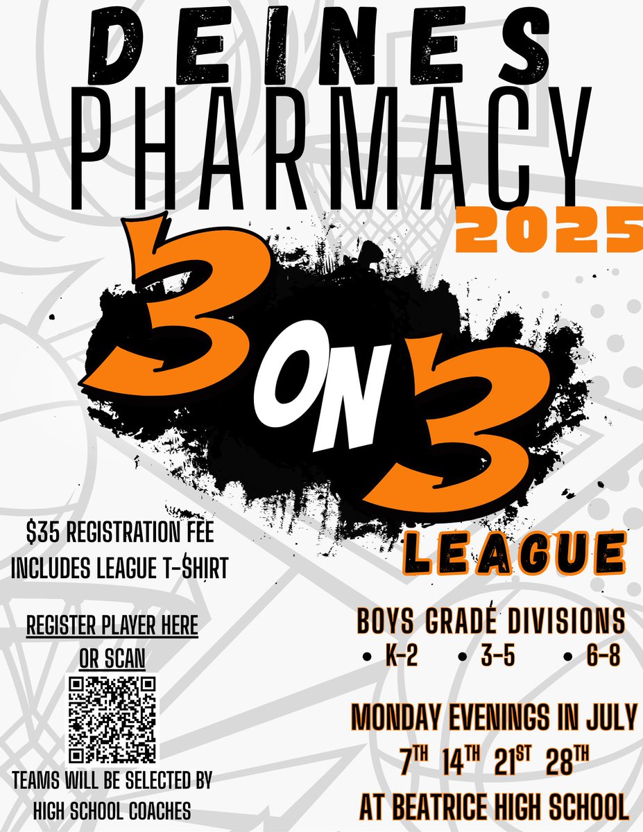 DEINES PHARMACY 3V3 LEAGUE IS HERE 🏀

Make sure you get your son signed up for this great opportunity to get better! If you have any questions please reach out! 

TOGETHER, ON A MISSION 🏀