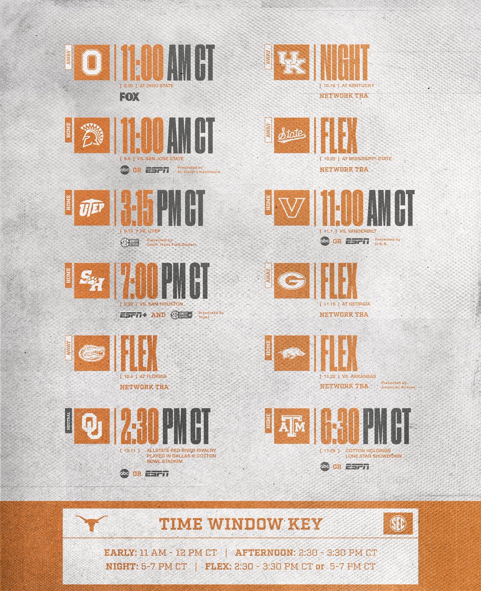 Kickoff times and TV windows are here 🤘

<a href="/TexasLonghorns/">Texas Longhorns</a> x <a href="/SEC/">Southeastern Conference</a>