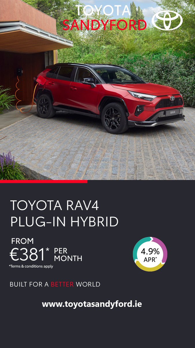 Lead the charge with RAV4 Plug-in Hybrid from Toyota Sandyford . Rich SUV Hybrid heritage. And up to 75kms EV range

The RAV4 Plug-in Hybrid offers an impressive pure electric driving range, and great fuel efficiency.

#ToyotaSandyford
#ToyotaEasyPCP
#Rav4
#PlugInHybrid
