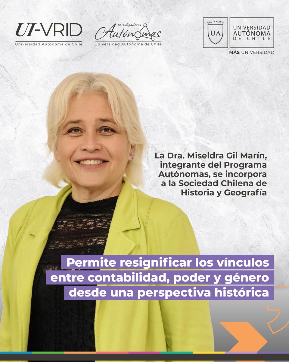 Genero_VRID's tweet photo. ♀️ Felicitamos a la destacada Dra. Miseldra Gil Marín, integrante de nuestro #ProgramaAutónomas y académica de la Facultad de Administración y Negocios de la @autonomadechile, quien fue recientemente incorporada como socia activa de @schhg_difusion 🇨🇱
➡️ https://t.co/Pids82AVAw https://t.co/y5Y5iuQ7us