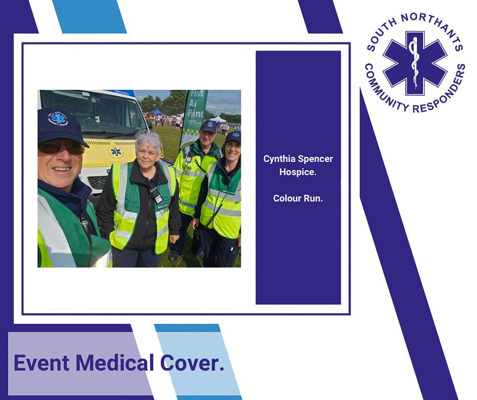 South Northants Community Responders (@sncresponders) on Twitter photo On Sunday the SNCR team supported the Cynthia Spencer Hospice Colour Run at Overstone.
Do you need cover for your event ~ get in touch ~ events@sncr.co.uk On Sunday the SNCR team supported the Cynthia Spencer Hospice Colour Run at Overstone.
Do you need cover for your event ~ get in touch ~ events@sncr.co.uk
