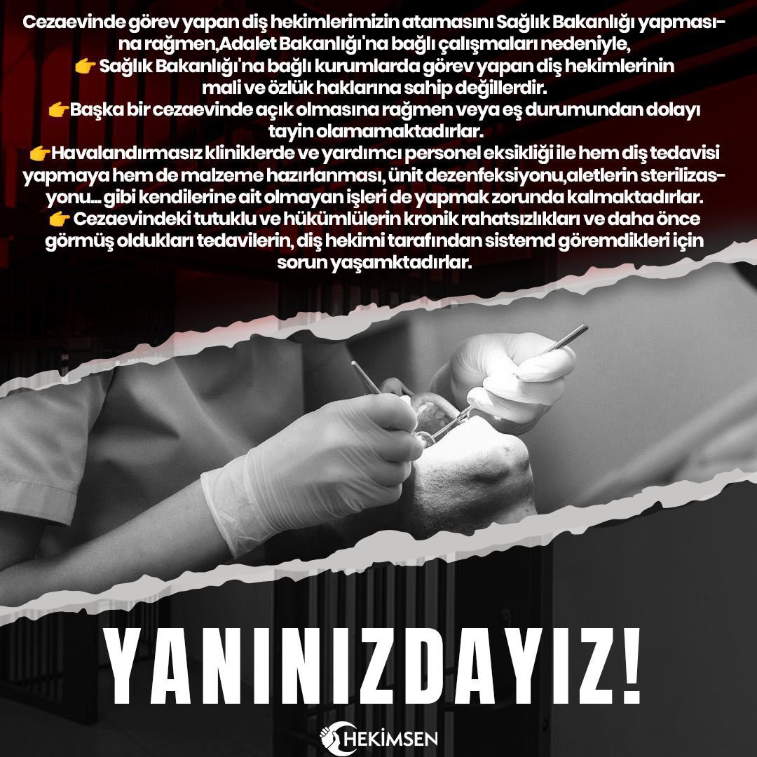 Cezaevinde görev yapan diş hekimlerimizin atamasını Sağlık Bakanlığı yapmasına rağmen,Adalet Bakanlığı'na bağlı çalışmaları nedeniyle,
👉 Sağlık Bakanlığı'na bağlı kurumlarda görev yapan diş hekimlerinin mali ve özlük haklarına sahip değillerdir.
👉Başka bir cezaevinde açık