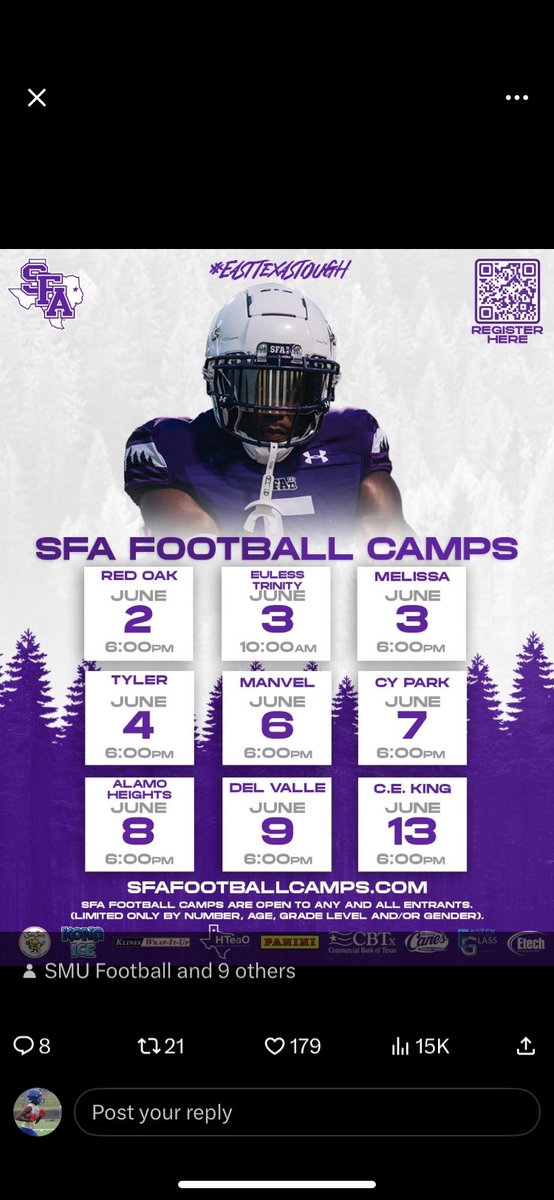 I will be attending SFA football camp on June 13, 6:00pm-9pm @ C.E King highschool <a href="/recruitelkinsfb/">Ft. Bend Elkins Football Recruiting</a> <a href="/CoachTGr/">Trae Grimes</a> <a href="/Coach_CT3/">Coach Traylor</a> <a href="/CoachThornton93/">Coach Maurice Thornton</a>