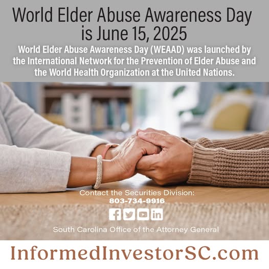 SCAttyGenOffice's tweet image. Empower seniors with the tools to recognize and prevent investment fraud. Share updates on current scams and encourage open conversations. Learn more from @NASAA’s investor bulletin: bit.ly/4iqysjX #WEAAD2025