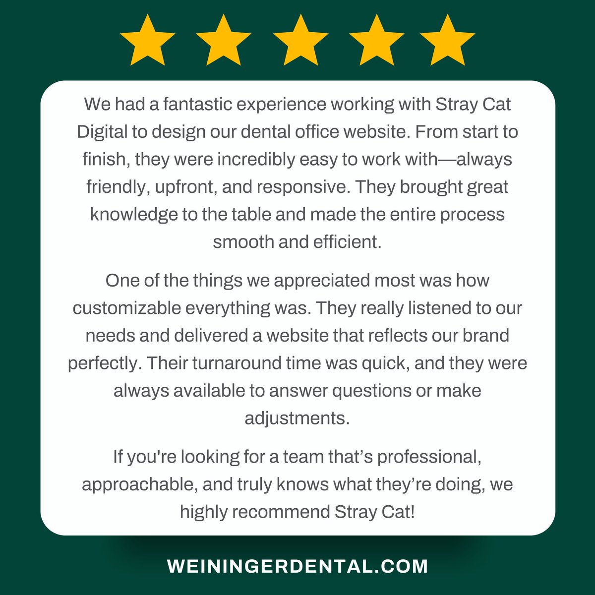 straycatdigital's tweet photo. 📷 New Website Launch 📷
Thank you Weininger Dental for working with us on your new website design.
We enjoyed designing a website that reflects the look and feel of your new location in New Philadelphia.
Check out their redesigned website at https://t.co/CCvjXe51Px https://t.co/ZlDpXVcGpC