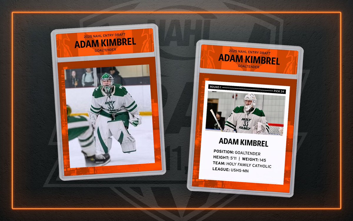 With the 34th pick in the 1st round, the Oklahoma Warriors are proud to select goaltender from Holy Family Catholic, Adam Kimbrel. #NAHLDraft