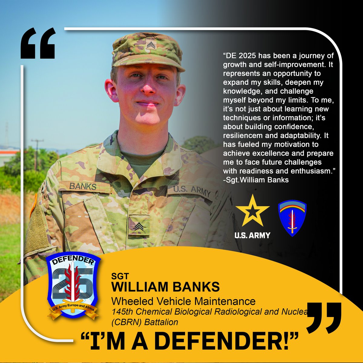 ✨𝐒𝐮𝐧𝐝𝐚𝐲 𝐒𝐩𝐨𝐭𝐥𝐢𝐠𝐡𝐭 ✨ Meet Sgt. William Banks, a wheeled vehicle maintainer with the 145th CBRN Battalion and currently supporting DEFENDER-Europe 25. "I'm a DEFENDER!"

#DefenderEurope
#WeAreNATO
#SwordofFreedom

📸: Spc. Angelina Tran