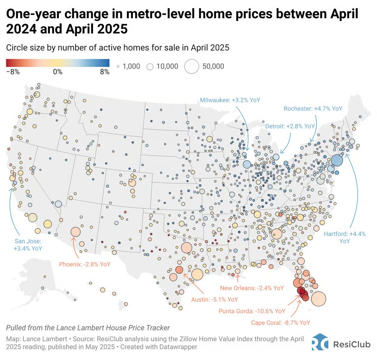 Year-over-year shift in home values by metro area 

Map via <a href="/ResidentialClub/">ResiClub 🏡📊</a>