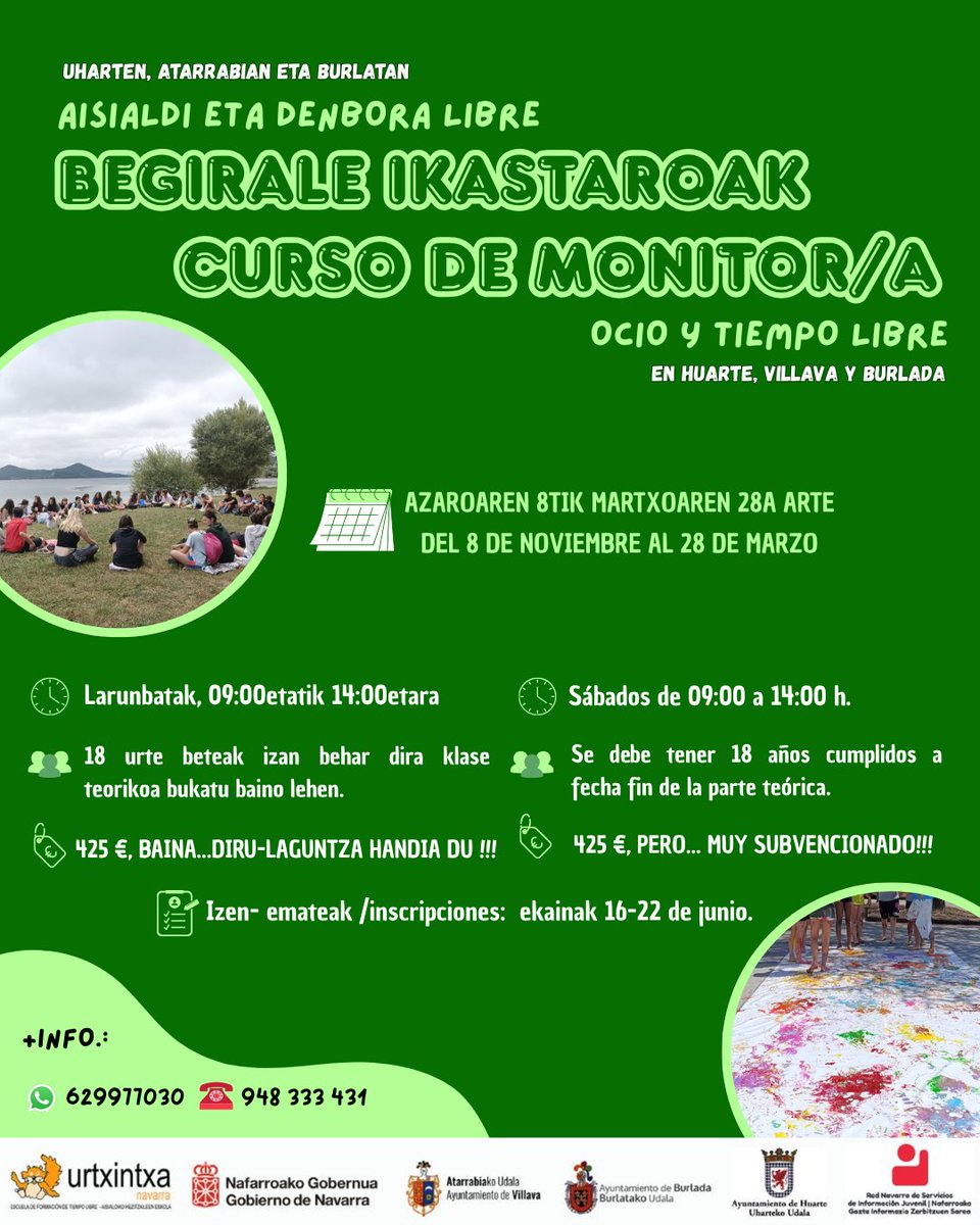 AISIALDIKO MONITORE IKASTAROA + info: 
huarte.es/eu/uncategoriz…
CURSO DE MONITORADO DE OCIO Y TIEMPO LIBRE + info: 
huarte.es/noticias/curso…