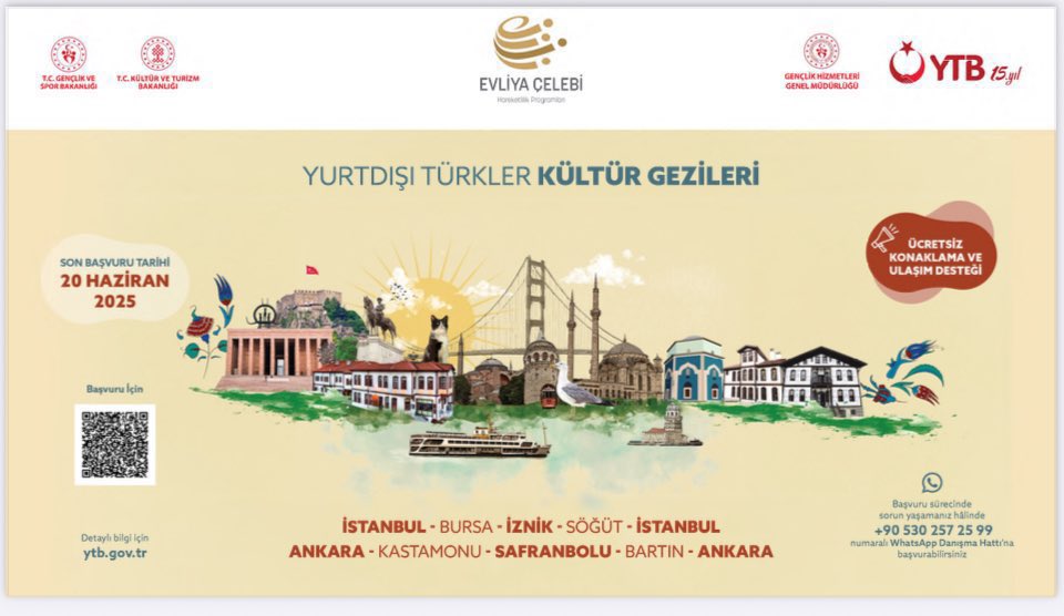 📢Yurtdışında yaşayan gençlerimiz için düzenlenecek "Kültür Gezileri"ne başvurular başladı!

📅Son başvuru tarihi: 20 Haziran 2025
Başvuru ve ayrıntılı bilgi için:
kulturgezileri.ytb.gov.tr