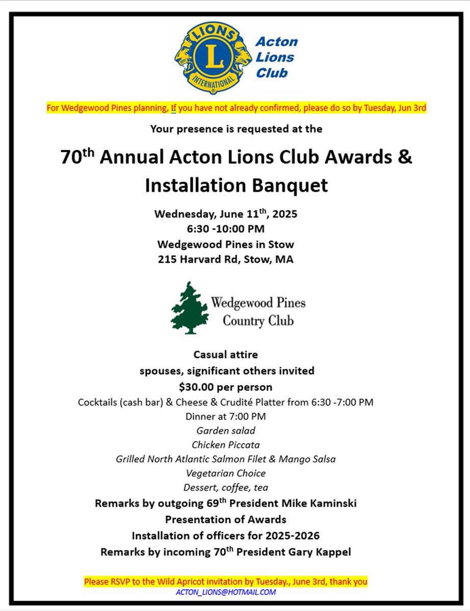 Happy Acton Lions Club 70th! Great day 4 Annual Lions Club Awards &amp; Installation event! 
Special thanks Mike Kaminski, 2024 President + board... Welcome new Acton Lions officers &amp; new Acton 'Lion King' President Gary Kappel!
Acton Lions motto: WE SERVE!🙏
#ActonLionsClub #ActonMA