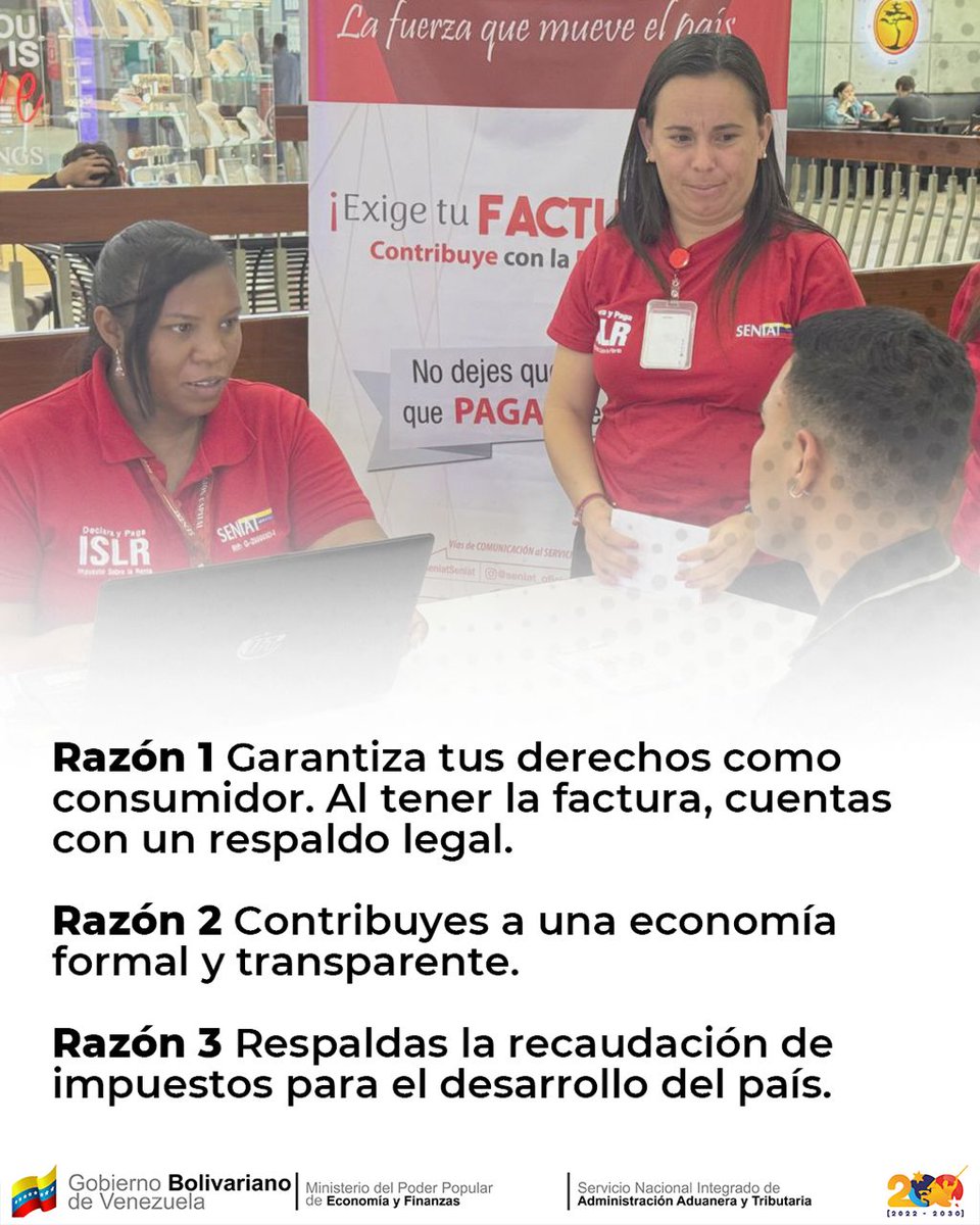 ¡Exige tu factura! Proteges tus derechos, apoyas la formalidad y el desarrollo del país. 🇻🇪

#SENIAT #Venezuela #Impuestos #ISLR #NicolasMaduro