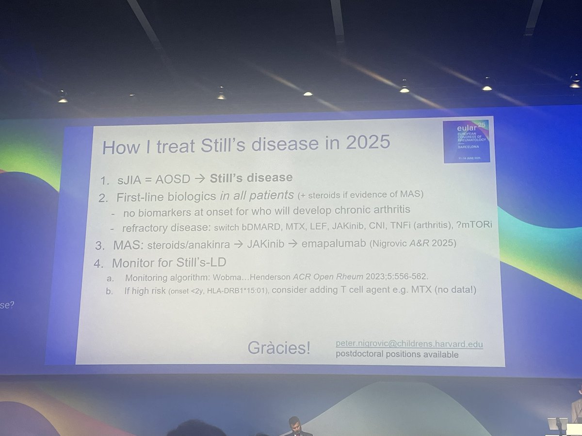 MAGNÍFICA charla del Dr. Nigrovic 
🔹 Enfermedad Still = niños y adultos  
🔸 Tto con antiIL1 de entrada (incluso naïve a ctc). 
🔹 Tras fallo Ruxo➡️ Emapalumab
🔸 Afectación pulmonar no DREES, no suspender tto.